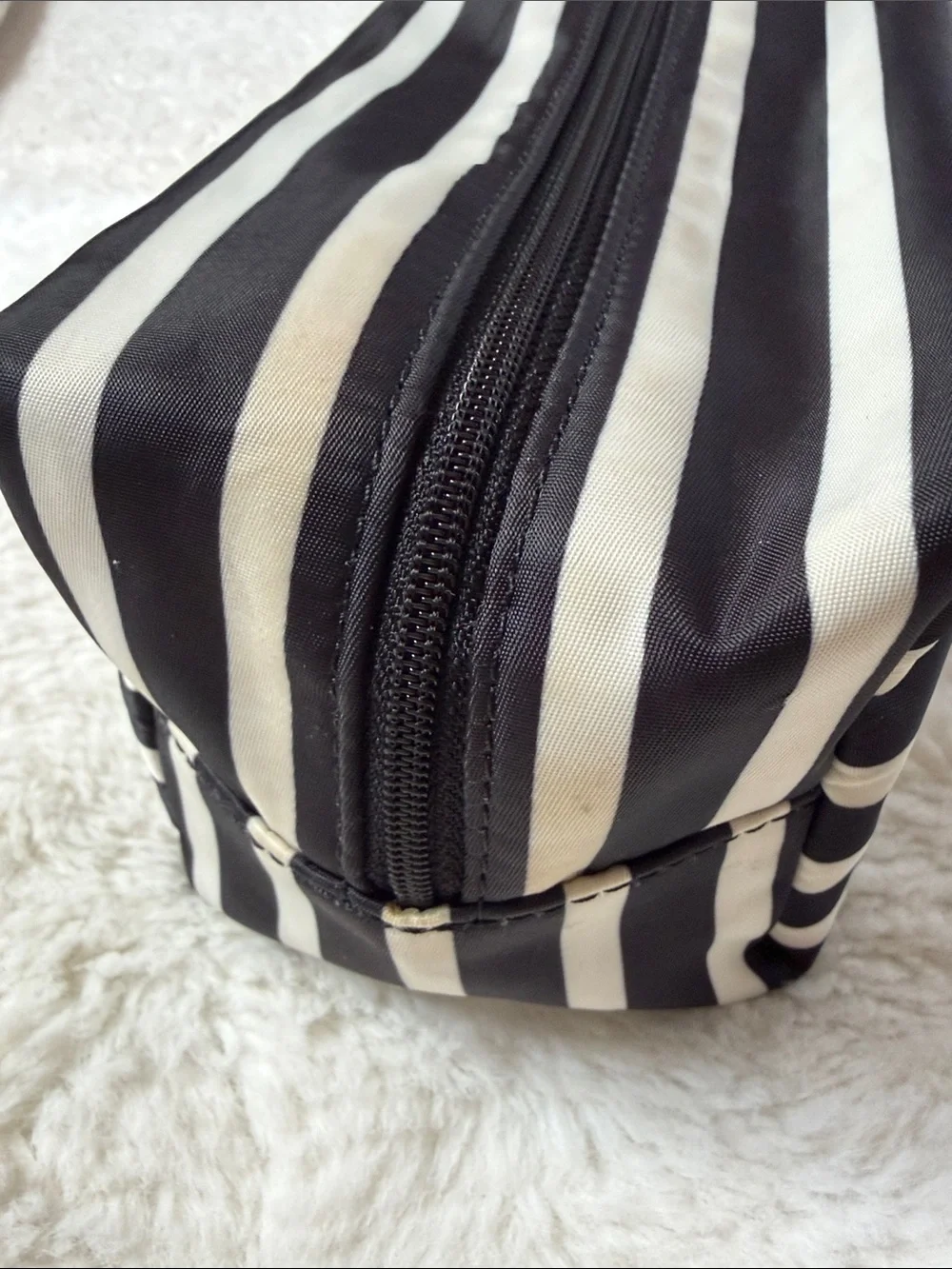 KATE SPADE,  black and white striped makeup pouch